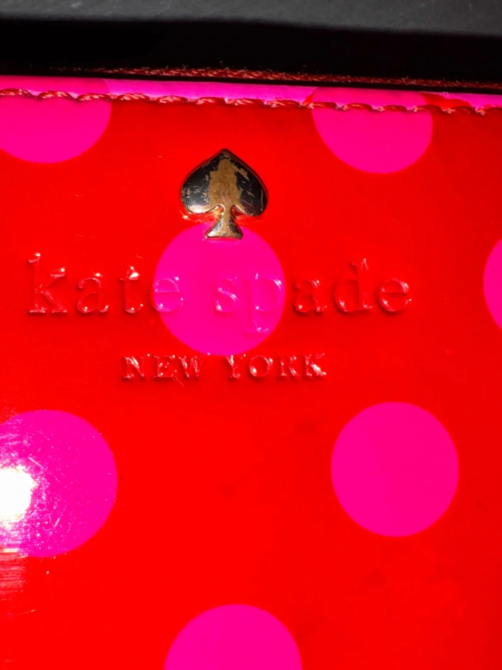 Kate Spade Red Patent Long Wallet with Pink Polka Dots - GUC